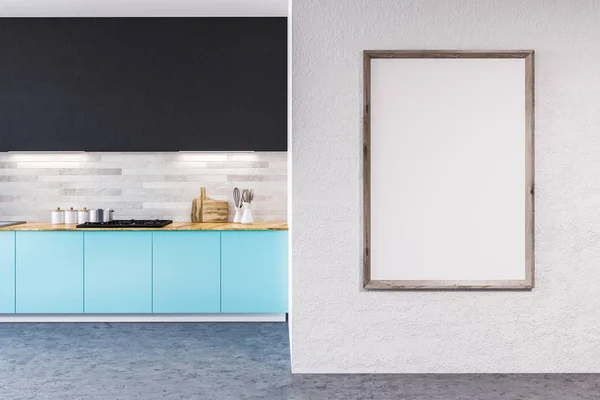 Interior Cozinha Elegante Com Paredes Madeira Branca Piso Concreto Bancadas — Fotografia de Stock