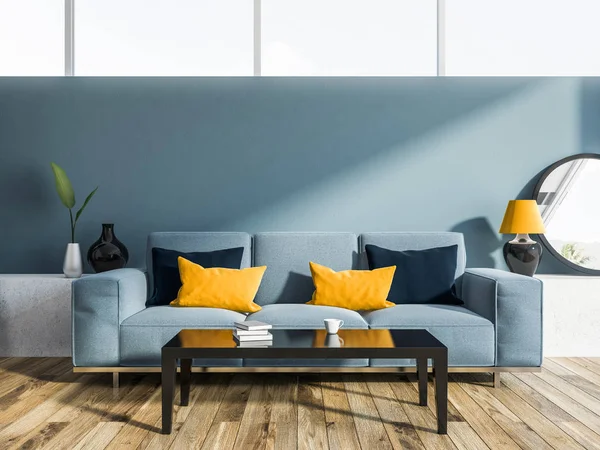 Moderno Salón Interior Con Paredes Azules Suelo Madera Sofá Azul — Foto de Stock