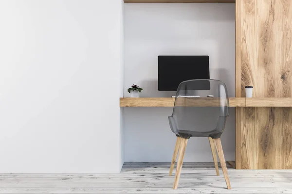 白色墙壁家庭办公室工作空间在一个整洁的房间用混凝土地板和一台木电脑桌 简约3D 渲染模拟 — 图库照片