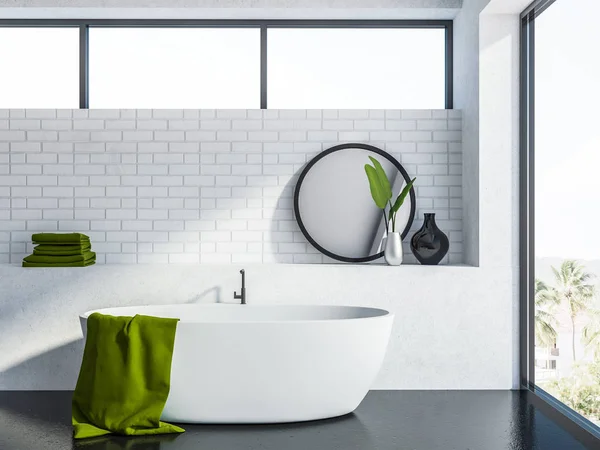 Moderno Bagno Interno Con Pareti Mattoni Bianchi Pavimento Grigio Una — Foto Stock