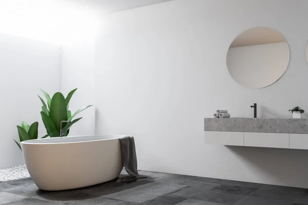 Large bathroom corner with white walls, a tiled floor, a sink with round mirror and a bathtub. 3d rendering mock up — Stock Image Large Bathroom Corner White Walls Tiled Floor Sink Mirror Bathtub Royalty Free Stock Photos