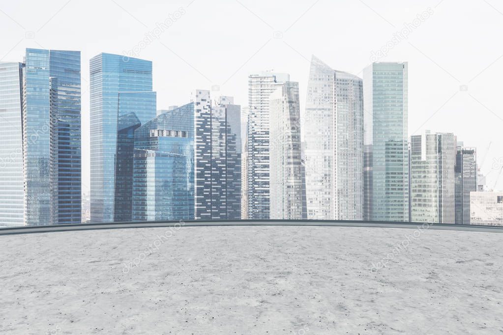 Modern cityscape with skyscrapers and a cloudless sky as seen from a rooftop or balcony of a tall building. 3d rendering mock up