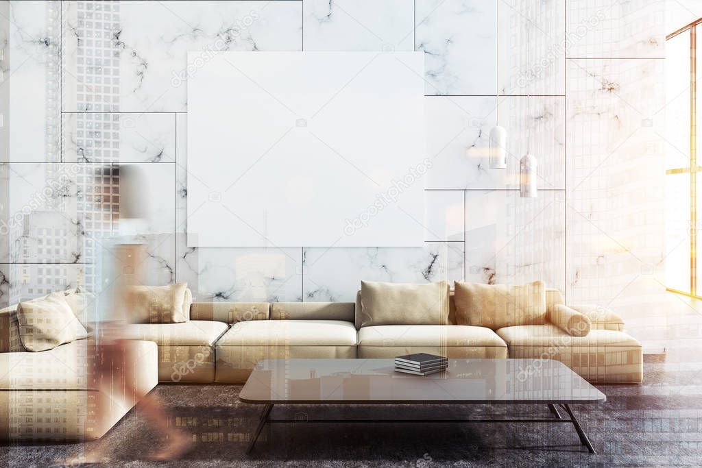 Woman in modern living room interior with white marble walls, a concrete floor and a beige sofa with a poster hanging above it. 3d rendering mock up toned image double exposure blurred