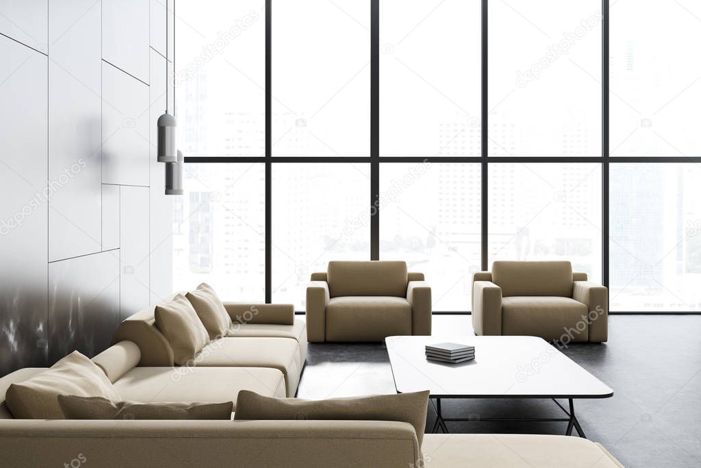 Modern living room interior with black marble walls, a concrete floor and a beige sofa with two armchairs. Loft 3d rendering mock up