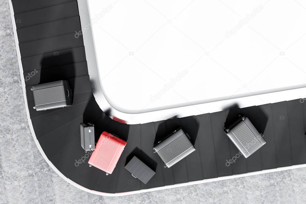 Top view of gray and pink suitcases on airport conveyor belt in a concrete floor room. 3d rendering mock up