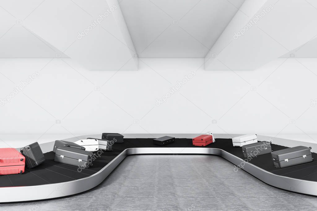 Front view of gray and pink suitcases on airport conveyor belt in a concrete floor room. 3d rendering mock up
