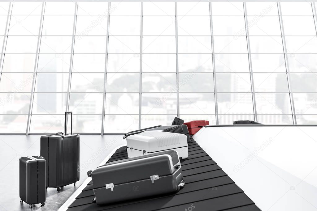 Gray, white and pink suitcases on airport conveyor belt in a room with panoramic windows. 3d rendering mock up