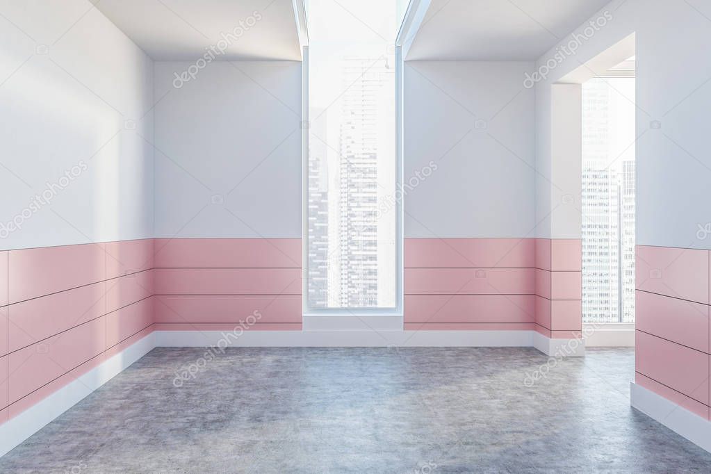 Empty white and pink room interior with a concrete floor and an original window. Wide arch. Modern style of a bathroom or sauna. 3d rendering mock up