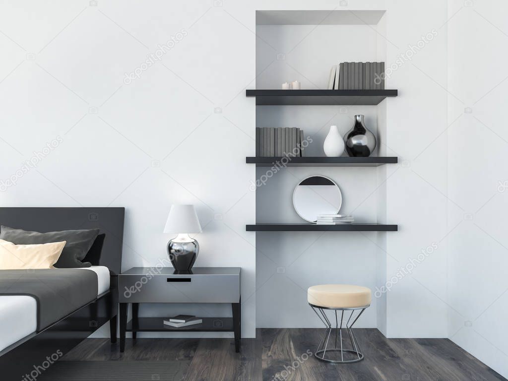 Interior of a modern bedroom with white walls, a wooden floor, a double bed and a bookcase. 3d rendering mock up