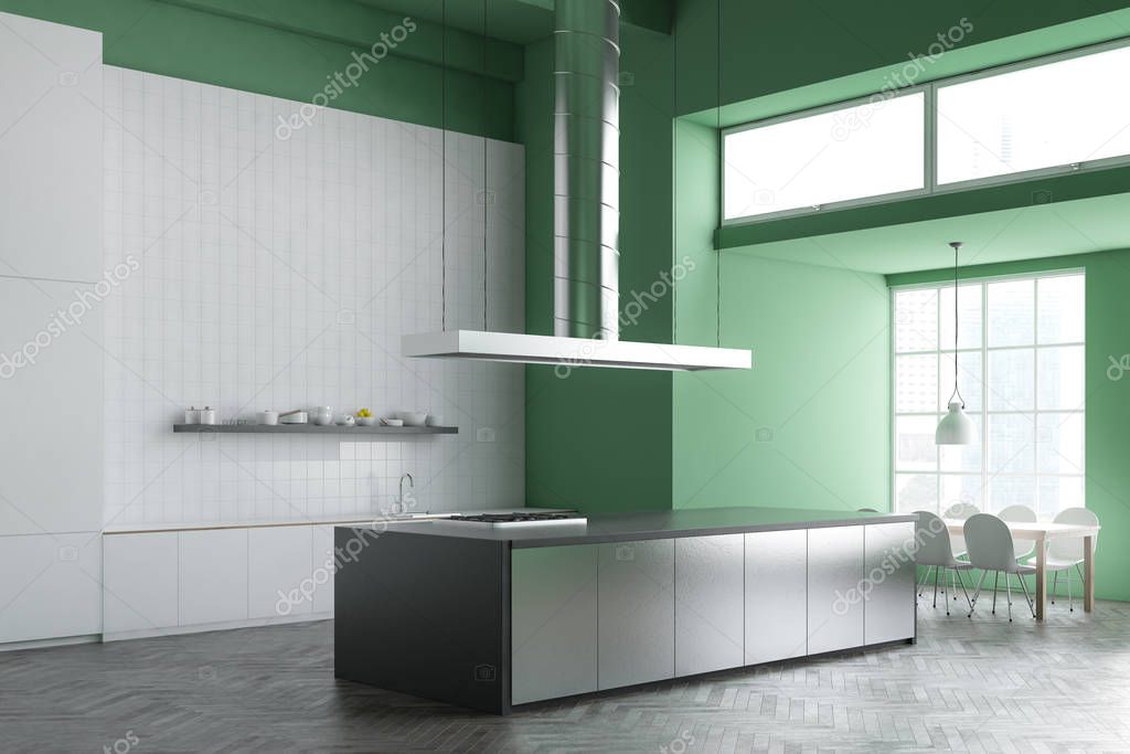 Side view of an Industrial style kitchen interior with gray countertops, white and green walls and a concrete floor. 3d rendering mock up