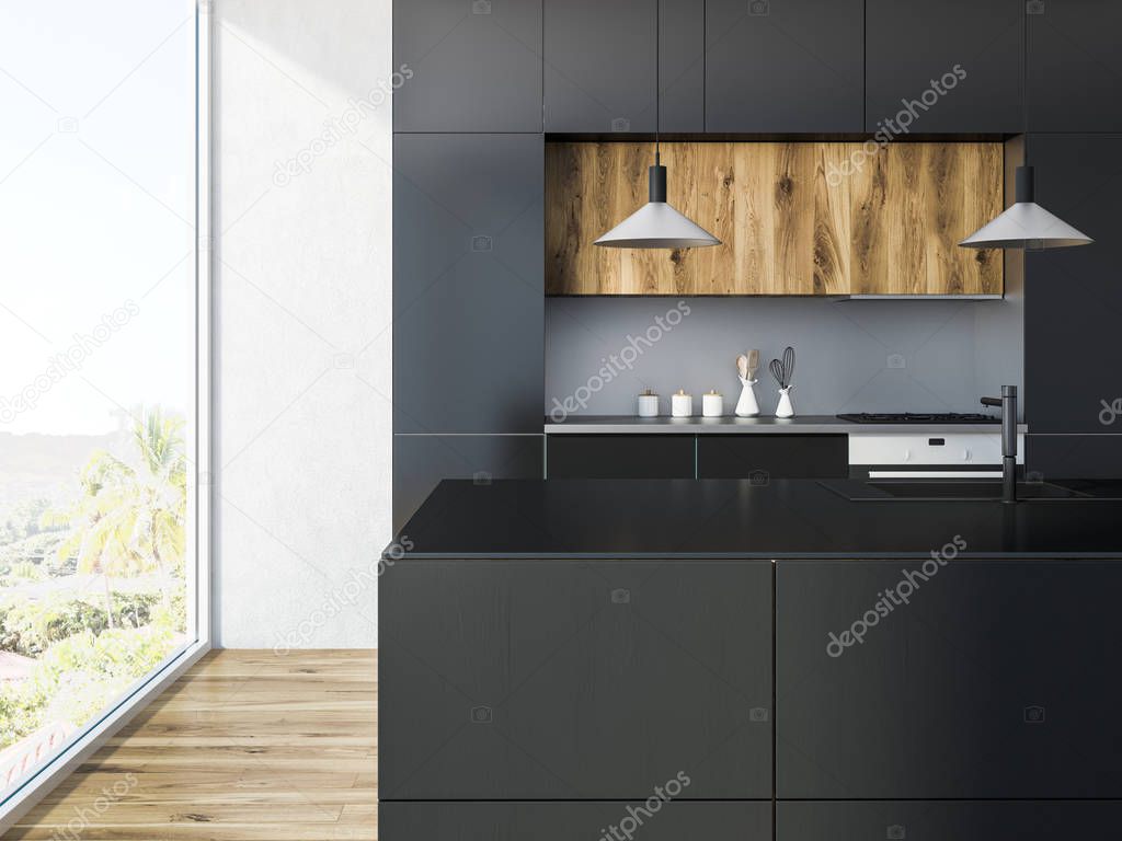 Loft kitchen interior with white walls, a wooden floor and black countertops with built in appliances. 3d rendering mock up