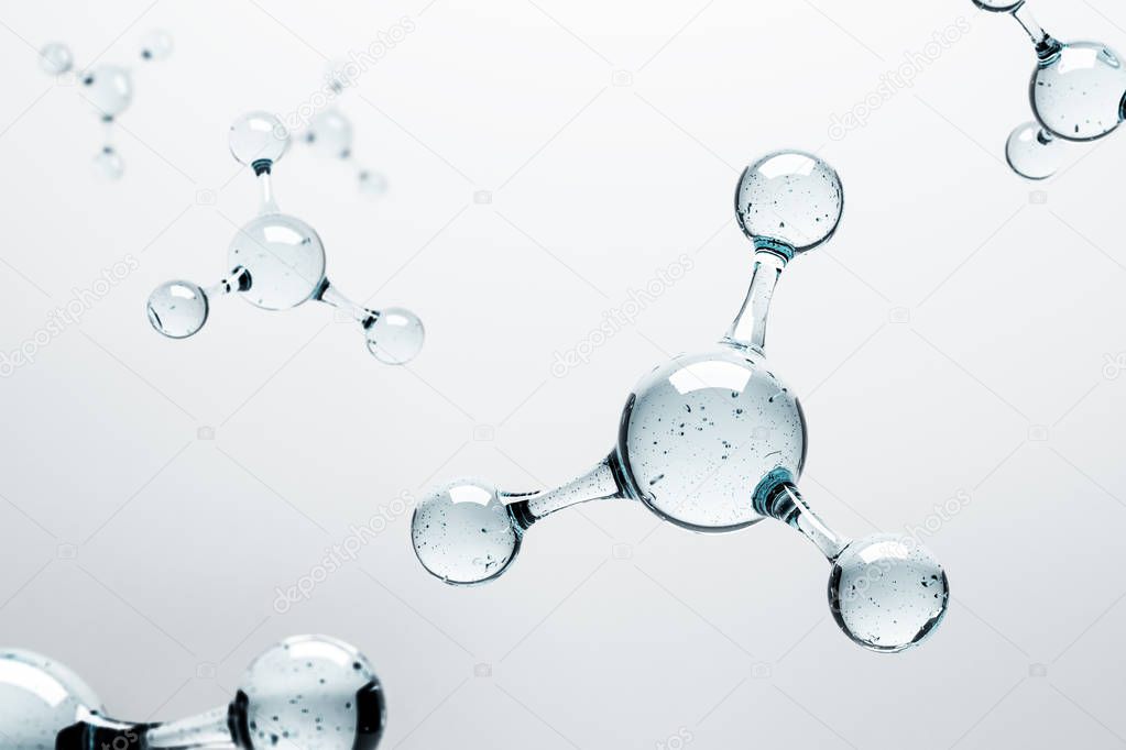 Transparent molecule atom grid over white background. Science, DNA, biotechnology concept. 3d rendering mock up