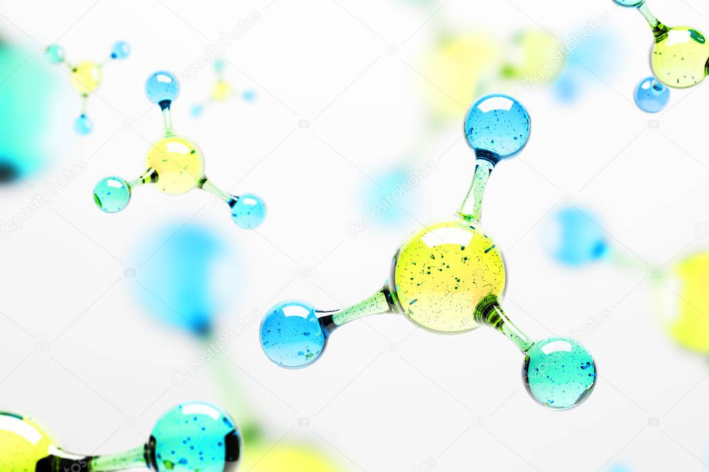 Blue and yellow molecule atom grid over white background. Science, DNA, biotechnology concept. 3d rendering mock up blurred