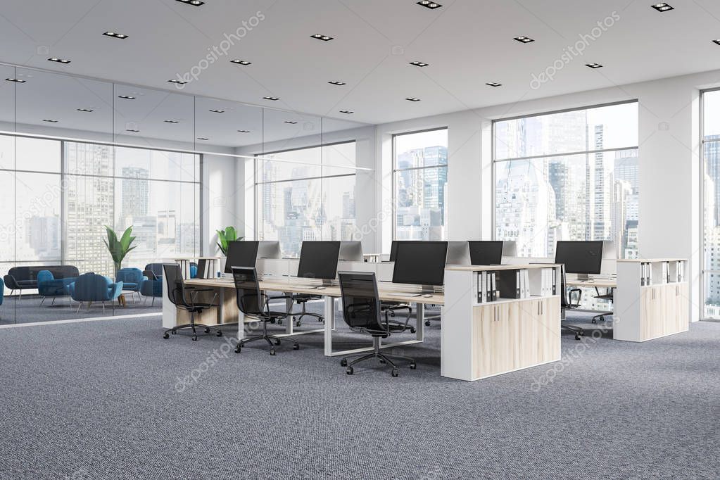 Company office corner with a gray carpet and rows of white computer tables. Industrial style interior with white walls and large windows with a cityscape. 3d rendering mock up