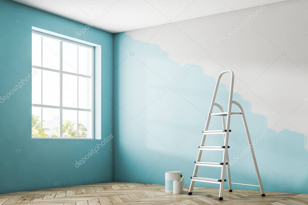 Empty room corner with a large window, a wooden floor and a half painted blue wall. A ladder and tins of paint. 3d rendering mock up