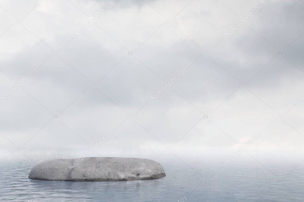 Lonely flat rock in an open sea against a cloudy stormy sky. Concept of losing your way in business and life. Challenging problem solving. 3d rendering mock up