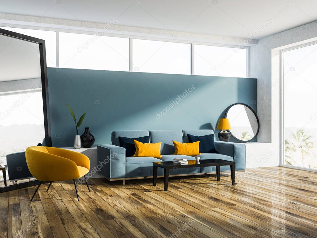 Side view of a modern living room interior with blue walls, a wooden floor and a blue sofa near a coffe table. 3d rendering mock up