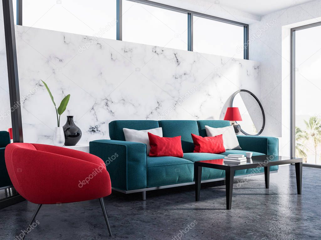 Modern living room interior with white marble walls, a concrete floor and a blue sofa near a coffe table. A red armchair. 3d rendering mock up