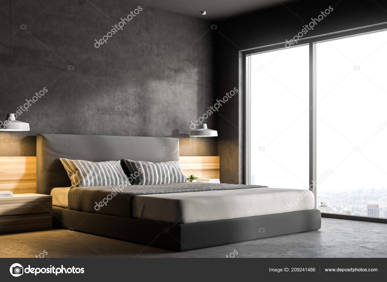 Corner Modern Bedroom Gray Walls Concrete Floor Double Bed
