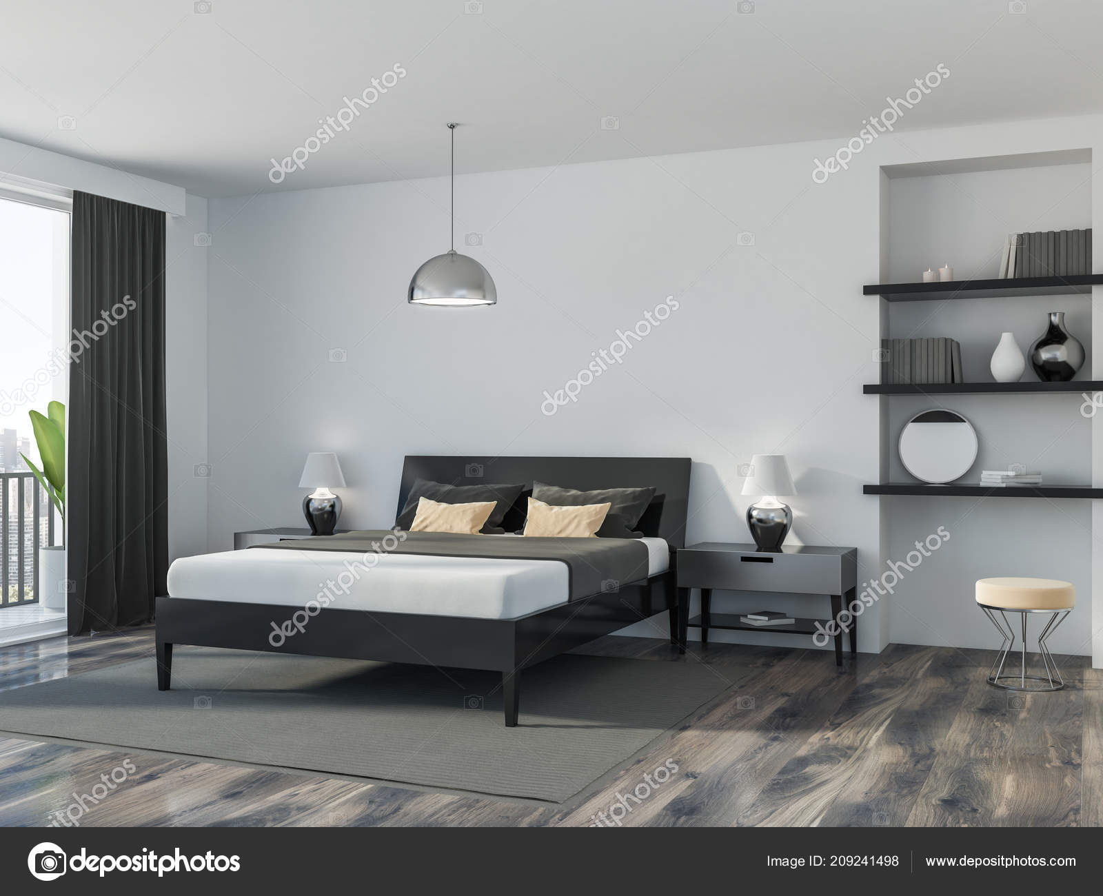 Corner Modern Bedroom White Walls Wooden Floor Double Bed