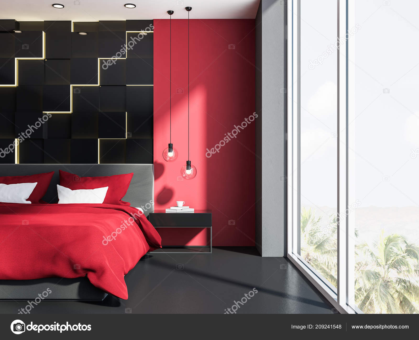 Stylish Bedroom Interior Red Walls Gray Floor Panoramic
