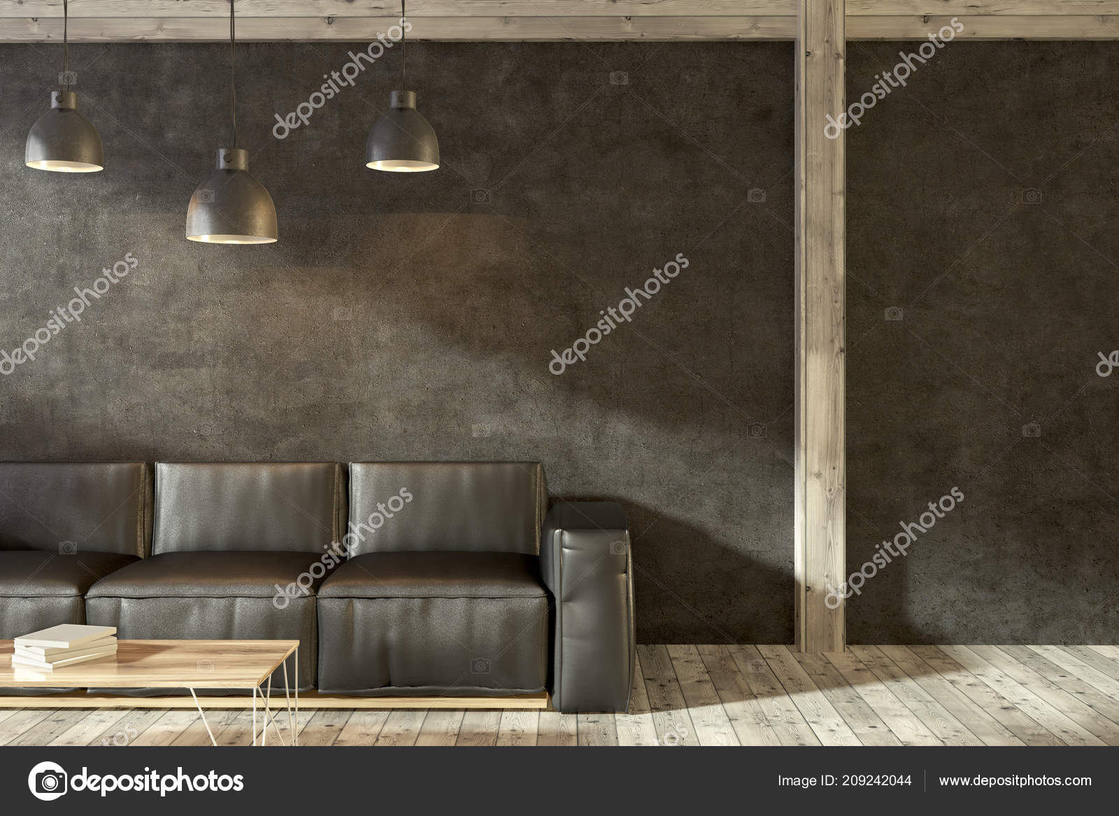 Interior Negro Minimalista Sala Estar Con Suelo Madera Pie Sofa