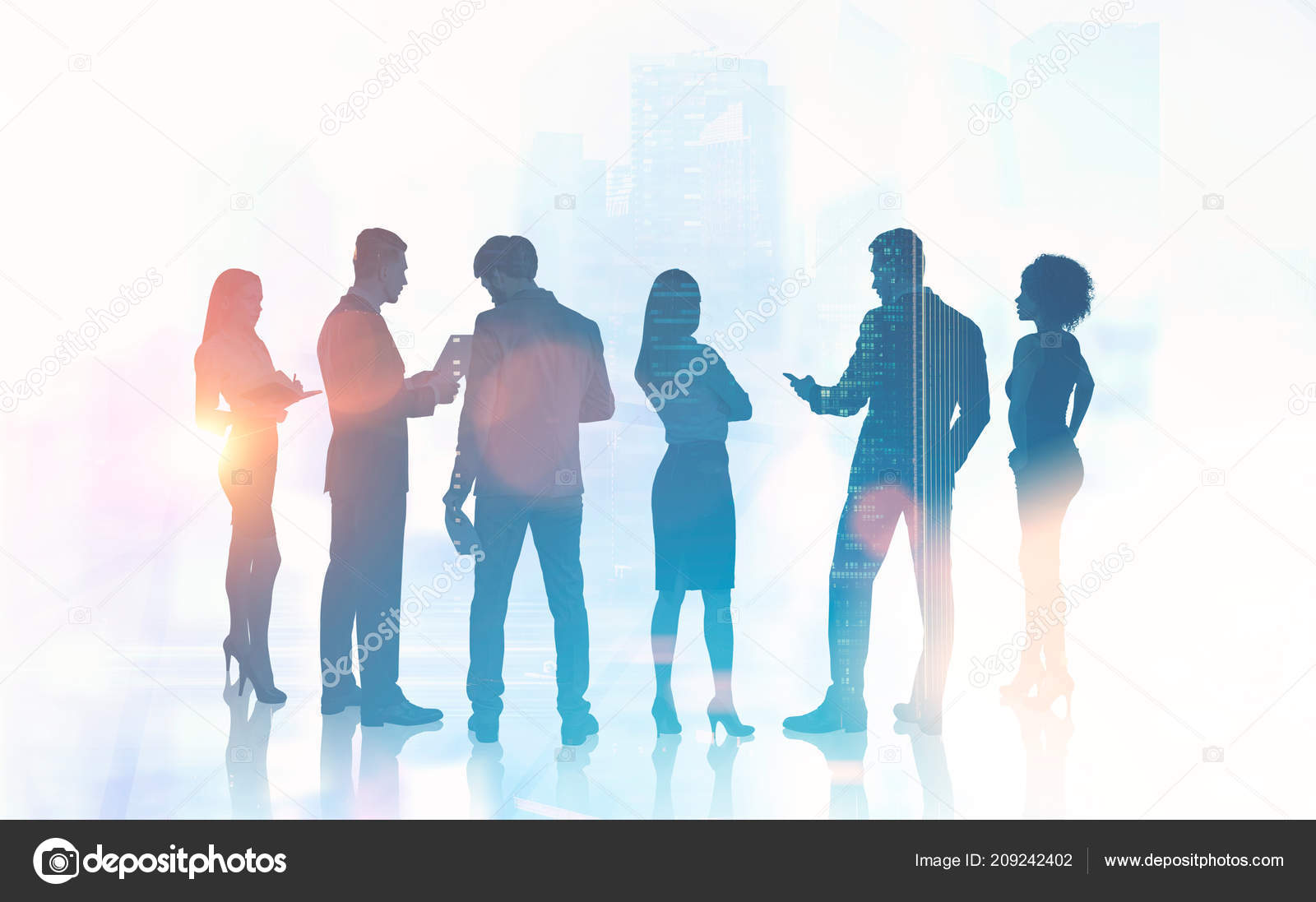 Business Team Members Discussing Strategy Foggy City Background Teamwork  Toned Stock Photo by ©denisismagilov 209242402