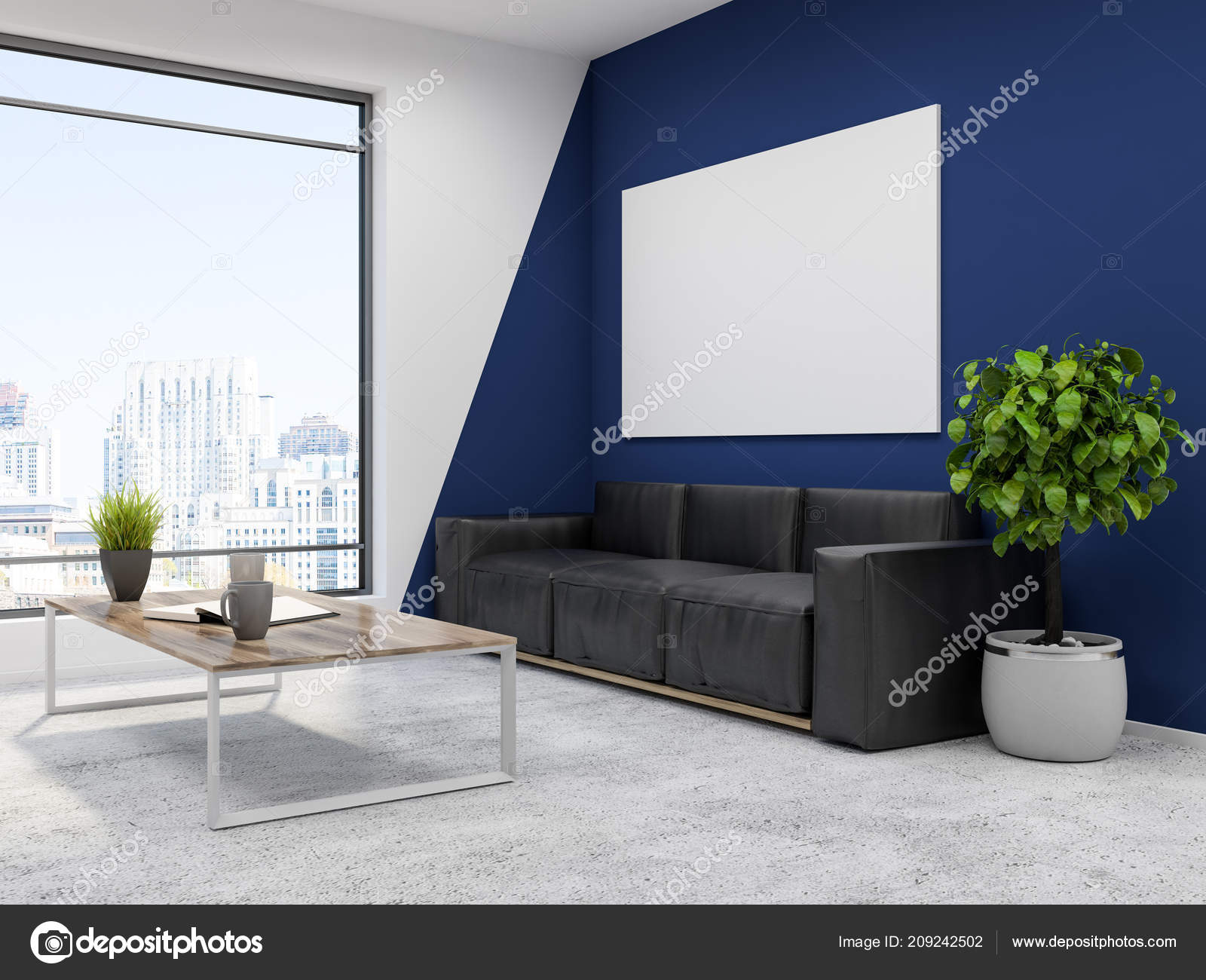Loft Modern Office Waiting Area White Blue Walls Concrete Floor Stock Photo C Denisismagilov 209242502