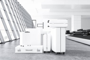 Tüm beyaz bavul yığını boyutlandırır ve büyük bir pencere yakınında bir Havaalanı zemin üzerinde duran oluşturur. İş ve zevk için seyahat kavramı. 3D render alay