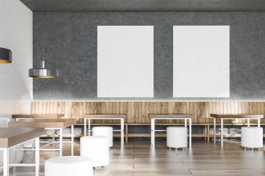 Kahve dükkanı iç gri ve beyaz duvarlı, Beyaz ahşap masa sandalye ve iki dikey sahte duvardaki posterler kadar yuvarlak. 3D render