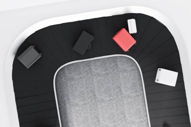 Gri, beyaz ve pembe valiz en iyi görünümü üzerinde Havaalanı konveyör bant bir beton zemin odada. 3D render alay