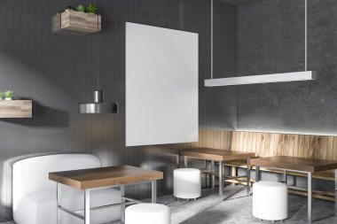 Coffee shop köşe duvar Gri duvarlar, ahşap masa beyaz yuvarlak sandalyeler ve poster kadar dikey sahte. 3D render