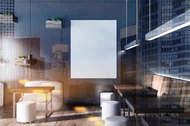 Coffee shop köşe duvar Gri duvarlar, ahşap masa beyaz yuvarlak sandalyeler ve poster kadar dikey sahte. 3D render resim çift pozlama şehir tonda