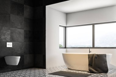 Gri karo duvarları, kiremitli kat, büyük bir pencere ve bir tuvalet altında bir küvet ile banyo iç. 3D render