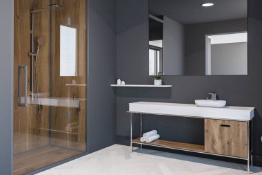 İskandinav tarzı banyo köşesi ile gri duvarlar, beyaz bir ahşap zemin, bir lavabo ve bir tahta sandalyede yukarıda büyük bir ayna ile. Cam kapı duş. 3D render alay