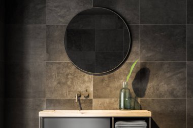 Siyah kiremitli duvarda asılı yuvarlak ayna banyo lavabo. İç Tasarım kavramı. 3D render