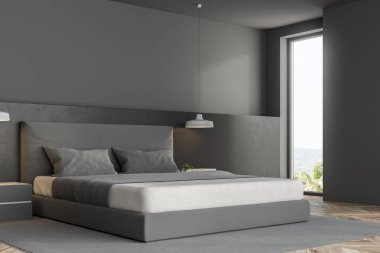 Gri duvarlar, bir halı, çatı pencereleri ve bir karyola başucu tablolarla bir ahşap zemin ile lüks yatak odası köşe. 3D render alay