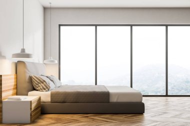 Beyaz duvarları, ahşap bir zemin, bir çift kişilik yatak ve iki başucu masa lambaları ile modern bir yatak odası yan görünüm. Çatı penceresi bir manzara ile. 3D render alay
