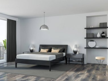 Beyaz duvarları, ahşap bir zemin, bir çift kişilik yatak ve bir kitaplık modern bir yatak odası köşesinde. Çatı penceresi. 3D render alay