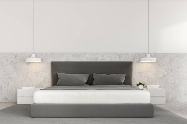 Bir lüks yatak odası beyaz duvarlar, beton zemin halı, çatı pencereleri ve bir karyola başucu masaları ile önden görünümü. 3D render alay