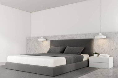 Beyaz duvarlı bir İskandinav tarzı yatak odası, bir halı ile bir beton zemin ve bir karyola başucu tablolarla köşesinde. 3D render alay
