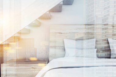 İskandinav tarzı yatak odası iç beton duvarlar ve beyaz bir çift kişilik yatak ile. Ahşap merdiven yukarıda olduğunu. 3D render sahte kadar çift tonlu görüntü pozlaması