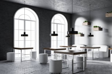 Rahat kafe köşeyi Gri duvarlar, kemerli pencereler, kare ahşap masa ve beyaz ile sandalye. 3D render alay