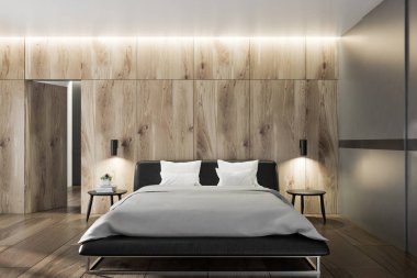 Ahşap duvarlar ve zemin İskandinav tarzı yatak odası ve bir karyola başucu masaları ile önden görünümü. 3D render alay