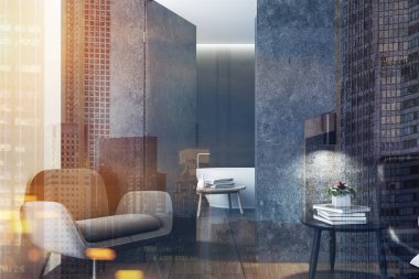 Bir karyola başucu tablolarla ve İskandinav tarzı yatak odası ahşap duvarlar önden görünümü. Bir banyo içinde belgili tanımlık geçmiş. 3D render sahte tonlu görüntü çift pozlama şehir kadar