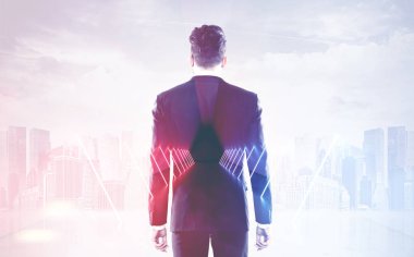Dikiz sabah cityscape arayan bir işadamı. Onu içinde neon ışıkları ile uzun bir tünel. İş ve yaşam yolunuzu bulma kavramı. Tonlu görüntü pozlama sahte katlayın