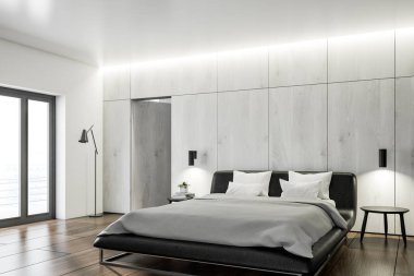 Beyaz ahşap duvarlar İskandinav tarzı yatak odası ve bir karyola başucu tablolarla köşesinde. 3D render alay