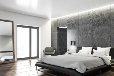 Beton duvarlar, ahşap zemin ve bir karyola başucu tablolarla İskandinav tarzı yatak odası köşesinde. 3D render alay