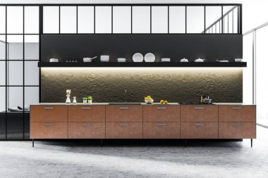 Siyah ve beton duvar mutfak iç kiremitli kat, kahverengi dolaplar ve yemekleri ile siyah raflar ile. 3D render alay