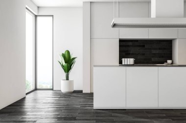 Beyaz duvar mutfak iç ile karanlık bir ahşap zemin, beyaz odaları ve tezgah ve lavabo ile bir ada. Loft windows. 3D render alay